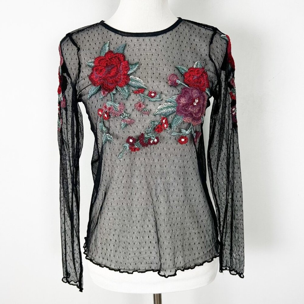 Y2K American Eagle Sheer Black Embroidered Floral Top Mesh Boho Size Medium Wome